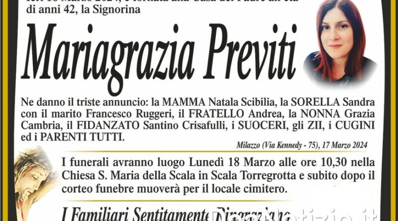 Milazzo/Bellona – Ciao alla 42enne Mariagrazia Previti