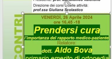 Santa Maria C. V. – Il Prof. Aldo Bova relatore all’Università della Terza Età su “Prendersi cura, l’importanza del rapporto medico-paziente”