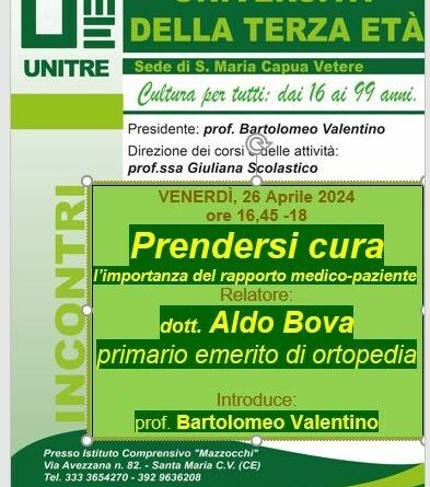 Santa Maria C. V. – Il Prof. Aldo Bova relatore all’Università della Terza Età su “Prendersi cura, l’importanza del rapporto medico-paziente”