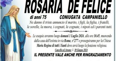 Cancello ed Arnone – Ciao alla 75enne Rosaria De Felice