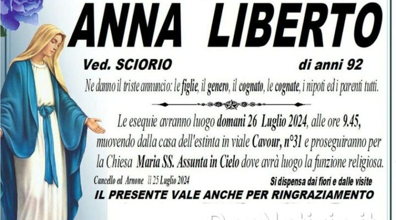 Cancello ed Arnone – Ciao alla 92enne Anna Liberto