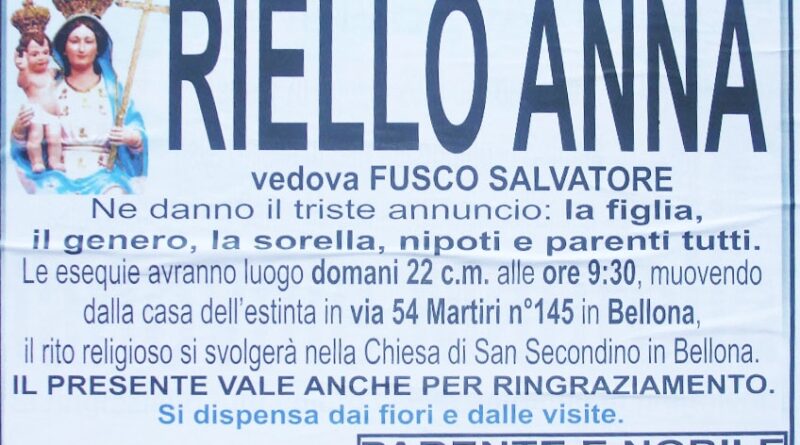 Bellona – Aggiornamento sulla nascita al Cielo della 91enne Anna Riello