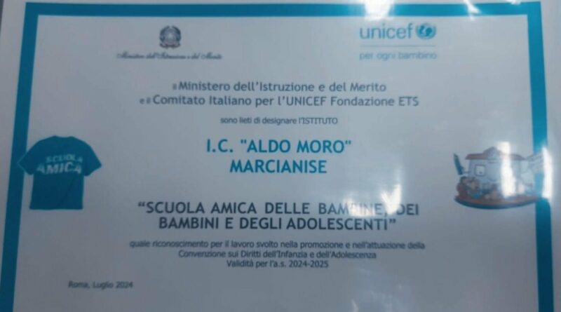 Marcianise. Riconoscimento da parte dellUNICEF all’Istituto Comprensivo Aldo Moro di Marcianise.