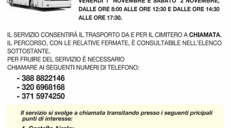 Marcianise. In occasione della commemorazione dei defunti, Giovedi, Venerdi e Sabato, servizio navetta gratuito per il cimitero.