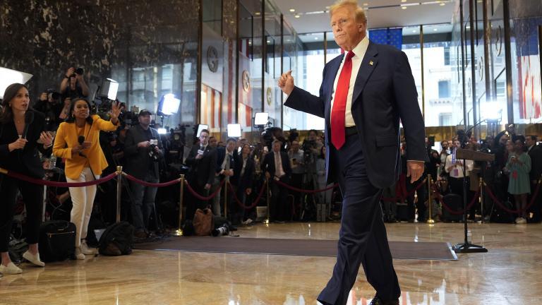 FILE - Former President Donald Trump gestures as he leaves after speaking at a news conference at Trump Tower, Friday, May 31, 2024, in New York. (AP Photo/Julia Nikhinson, File)